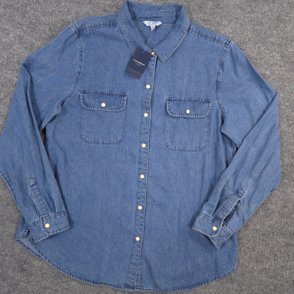 Lucky Brand Denim Shirt Womens L Blue Pearl Snap Western Cowgirl Outdoor Ranch - Picture 2 of 11